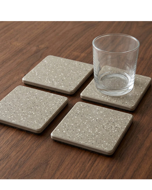 Plvt Square Mineral Composite Coasters 10 cm Grey Four Pack - Lifestyle view