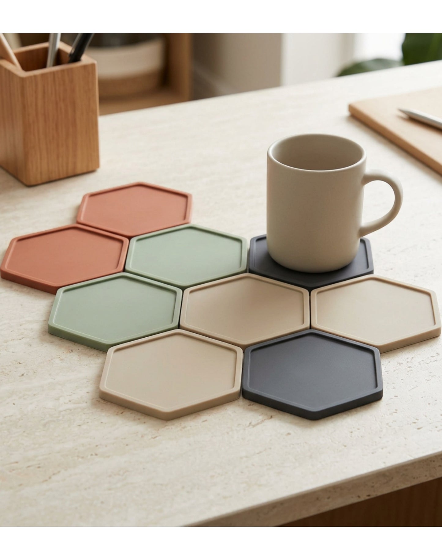 Plvt Hexagonal Silicone Drink Coasters 11 cm Eight Pack - Lifestyle view
