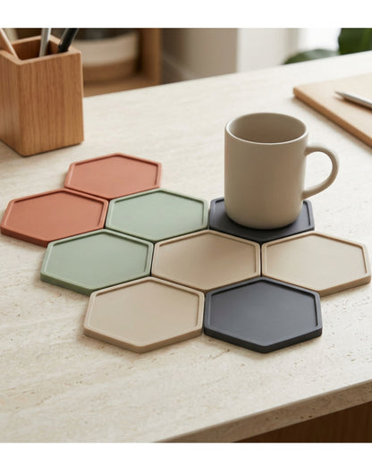 Plvt Hexagonal Silicone Drink Coasters 11 cm Eight Pack - Lifestyle view